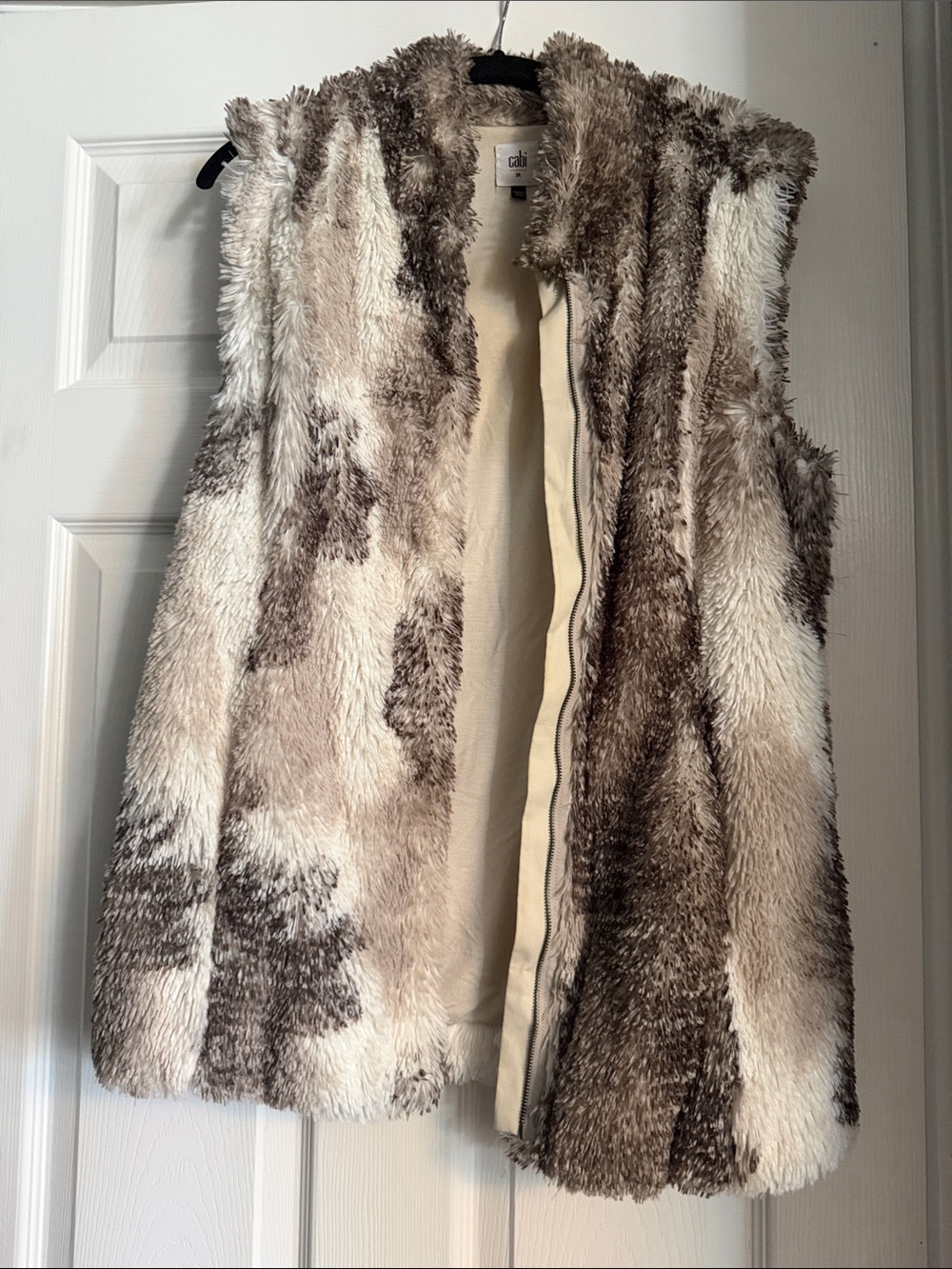 CAbi Plush Faux-Fur Sleeveless Vest in Cream and Taupe Blend